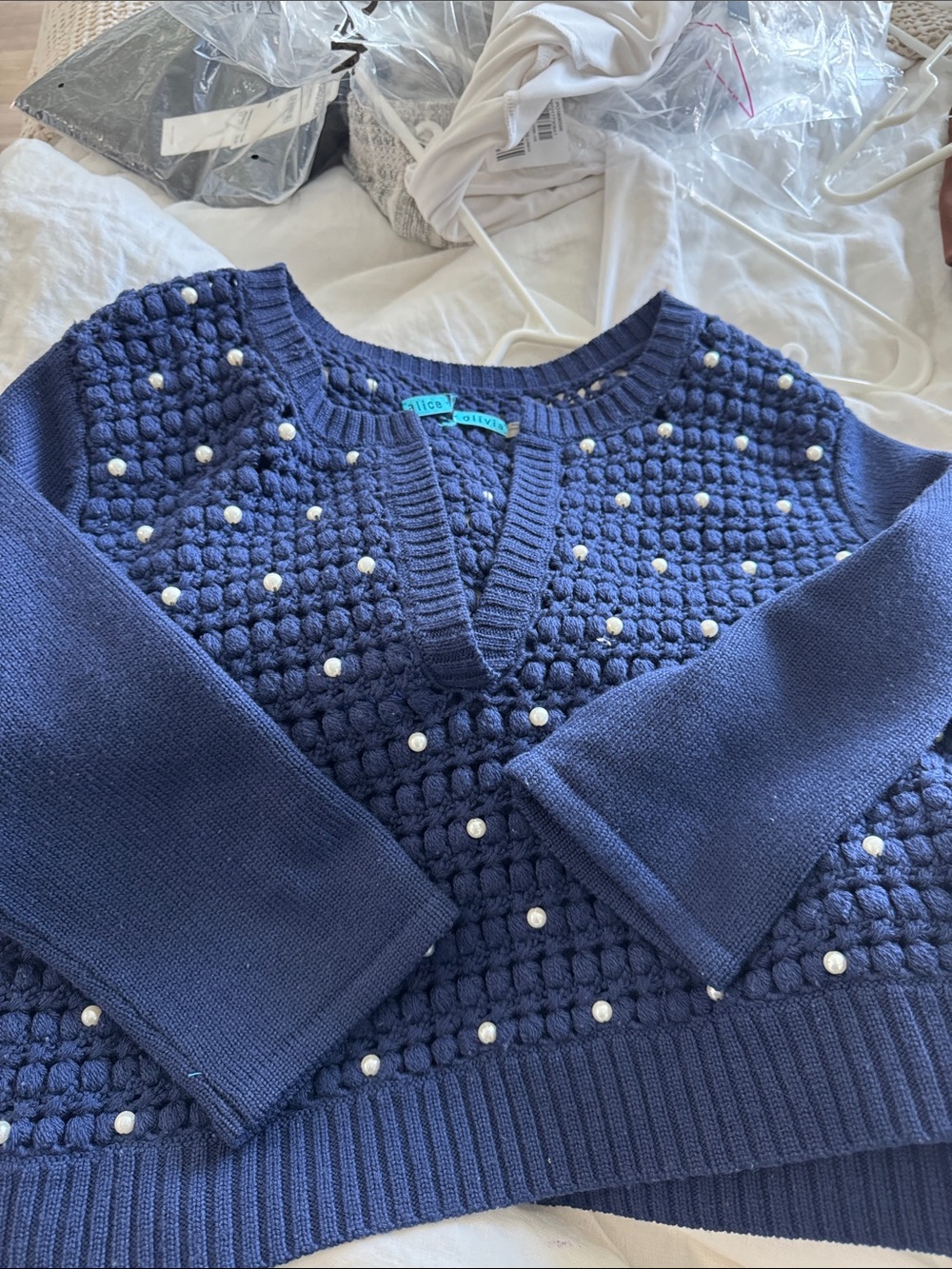 Alice and Olivia  Navy Pearl-Embellished Knit Sweater